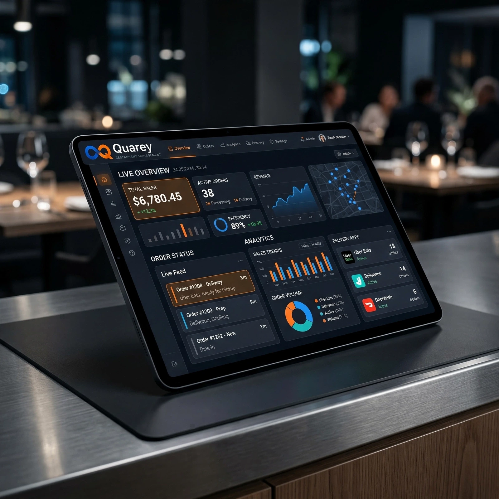 Quarey restaurant OS dashboard with live POS, kitchen display, and delivery in one view